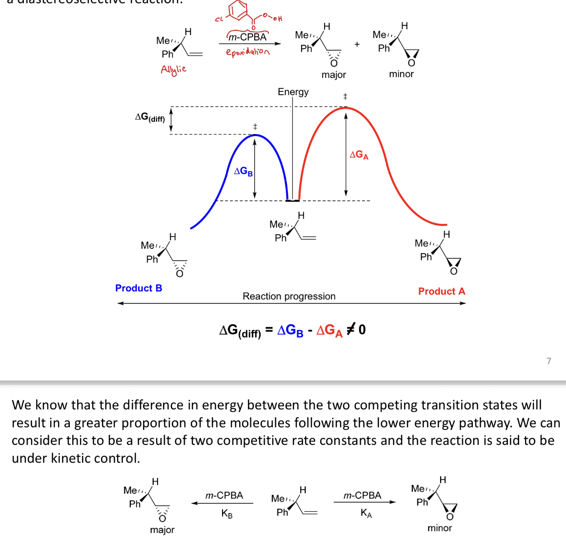 <p><strong>Substrate with chiral centre</strong></p><p><strong>→ </strong>it is possible to make a single isomer product from a diastereoselective reaction</p><ul><li><p>Diff in E between the 2 competing TS⁺s → more molecules following lower E pathway</p><ul><li><p>this is the result of two competitive rate constants → rxn under kinetic control</p></li></ul></li></ul><p></p>