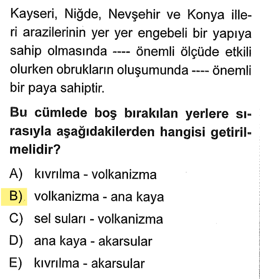 <p>Kayseri (Erciyes) ve Niğde (Hasandağı) hattı volkanik arazidir. Obruklar ise yer altı sularının çözünebilen <strong>ana kayayı</strong> (kireç taşı vb.) eritmesiyle oluşur.</p>