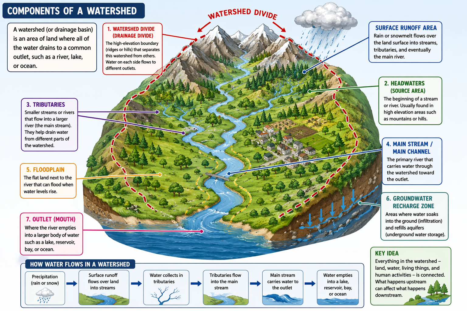 <ul><li><p><strong>Divide (drainage divide)</strong><br>The high-elevation boundary (ridges or hills) that separates one watershed from another. Water on each side flows into different systems.</p></li><li><p><strong>Tributaries</strong><br>Smaller streams or rivers that flow into a larger river.</p></li><li><p><strong>Main stream / main channel</strong><br>The primary river that carries water out of the watershed.</p></li><li><p><strong>Headwaters (source area)</strong><br>The beginning of a stream or river, usually in higher elevation areas.</p></li><li><p><strong>Floodplain</strong><br>The flat area next to a river that can flood when water levels rise.</p></li><li><p><strong>Groundwater recharge zone</strong><br>Areas where water infiltrates into the soil and refills aquifers.</p></li><li><p><strong>Outlet (mouth)</strong><br>Where the river empties into a larger body of water (lake, ocean, etc.).</p></li><li><p><strong>Surface runoff area</strong><br>Land where water flows over the ground into streams after rain or snowmelt</p></li></ul><p></p>