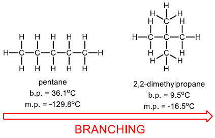 <p>Sphere-like shape has less surface area to work with; therefore, straight chain has more surface area = more heat is required</p>