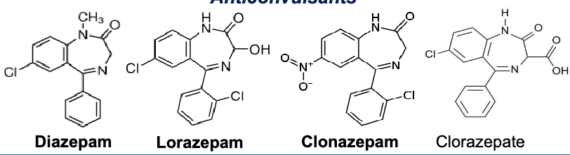 <ul><li><p>diazepam</p></li><li><p>lorazepam</p></li><li><p>clonazepam</p></li><li><p>clorazepate</p></li></ul><p></p>