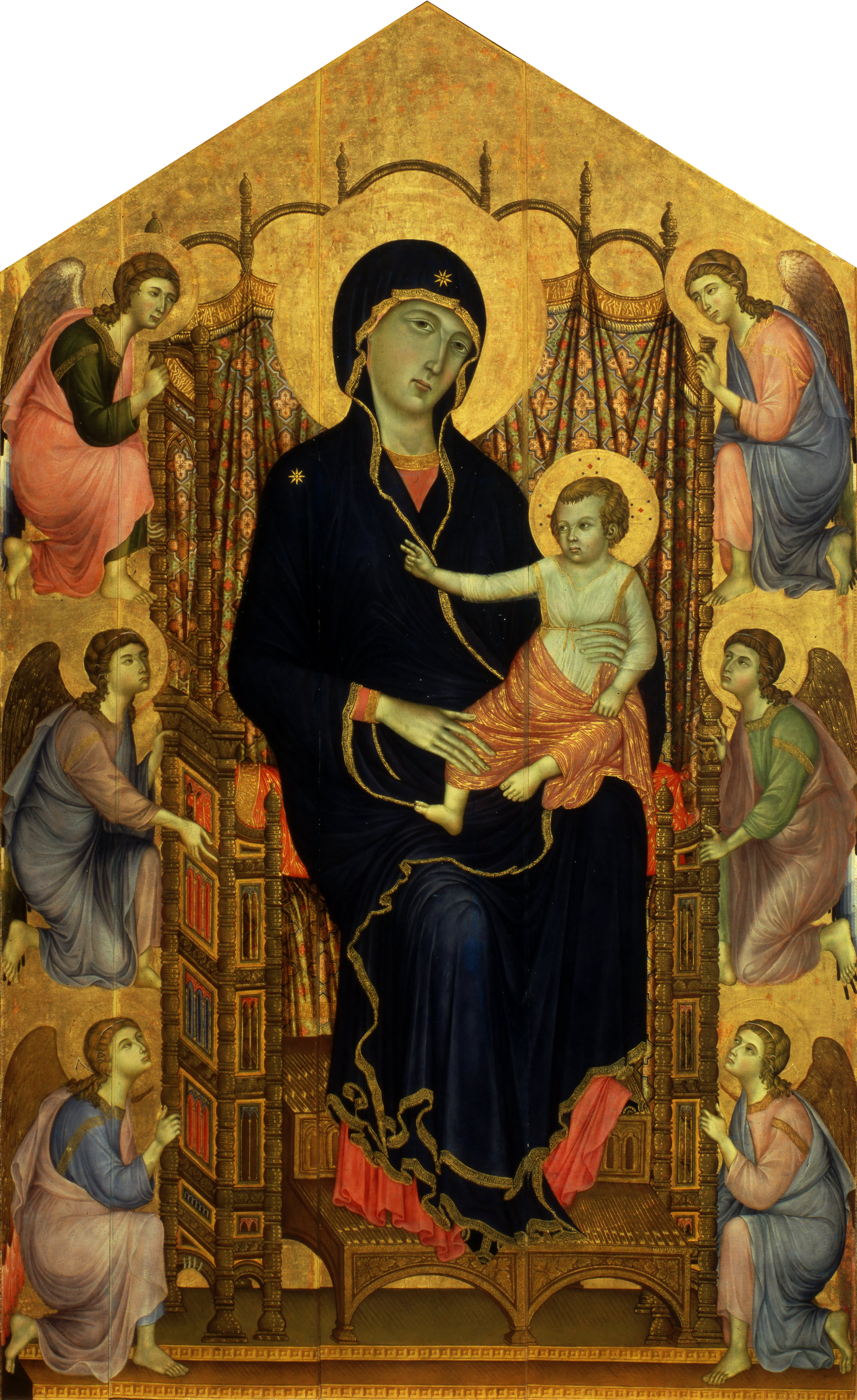 <p>Artist:<br>Title:<br>Period/movement:<br>Format:<br>Material/medium:<br><br><strong>Human problem/function:</strong> The monumental civic altarpiece joined private prayer, public ritual, and Siena's collective identity.</p><p><strong>Zone 2 — See and decode it</strong></p><p class="code-line"><strong>Recognition clues:</strong></p><ol><li><p>Virgin enthroned at center</p></li><li><p>Dense court of saints and angels</p></li><li><p>Elegant lines, gold ground, and a more graceful softness than Cimabue <strong>Visible evidence:</strong> The throne suggests space, but scale and symmetry emphasize Mary's sacred rank.<br><strong>Psychology/attention:</strong> Central placement, frontal orientation, and surrounding attendants create a social map of rank before the viewer identifies every figure.</p></li></ol><p><strong>Zone 3 — Connect and explain it</strong></p><p class="code-line">The work turns heaven into a hierarchically ordered court. Its beauty, precious materials, and civic scale connect religious devotion with the prestige and collective identity of Siena. <strong>Portable insight:</strong> Hierarchies become intuitive when systems encode rank through position, scale, access, and surrounding attention.</p><p><strong>Zone 4 — Study references</strong></p><p class="code-line"><strong>Note-taking guide:</strong> The Chapter 19 guide asks why this artist’s monumental Sienese altarpiece matters: it preserves gold-ground hierarchy while adding grace, tenderness, and spatial suggestion.<br><strong>Worksheet:</strong> Chapter 19, Question 9: the smaller narrative panels along the bottom of an altarpiece are called a predella.</p>