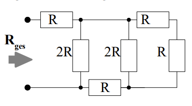 <p>Welcher Gesamtwiderstand $$R<em>{ges}$$ ergibt sich für das Netzwerk?<br><br>A: $$R</em>{ges} = 2 \cdot R$$<br>B: $$R<em>{ges} = 3 \cdot R$$<br>C: $$R</em>{ges} = 3/2 \cdot R$$</p>