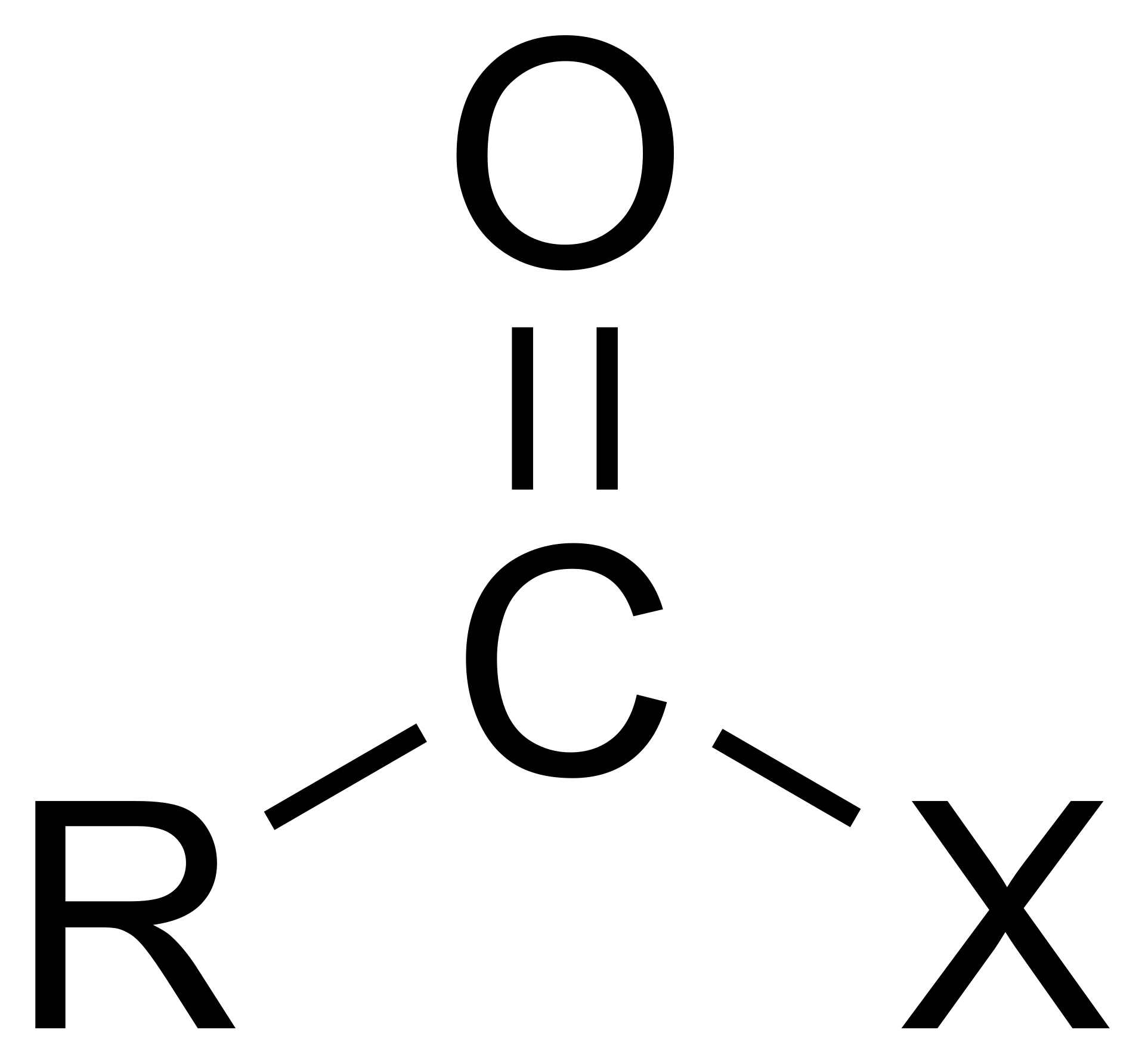 <p>RCOX. Made of a carbonyl group (C=O) and a halogen (X) </p>