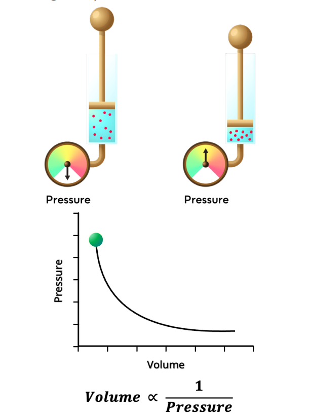 <p>P<sub>1</sub>V<sub>1</sub> = P<sub>2</sub>V<sub>2</sub></p><p>pressure (atm) and volume (L) are inversely proportional under constant temperature and moles.</p>