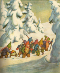 <p>The gnomes go through the cold forest.</p>