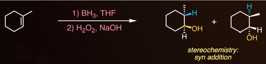 <p><span style="background-color: transparent;">results in syn addition of H and OH, anti-markovnikov, no rearrangement possible.</span></p><ul><li><p><span style="background-color: transparent;">Reagents: BH<sub>3</sub> + THF and H<sub>2</sub>O<sub>2</sub> + NaOH</span></p></li></ul><p></p>