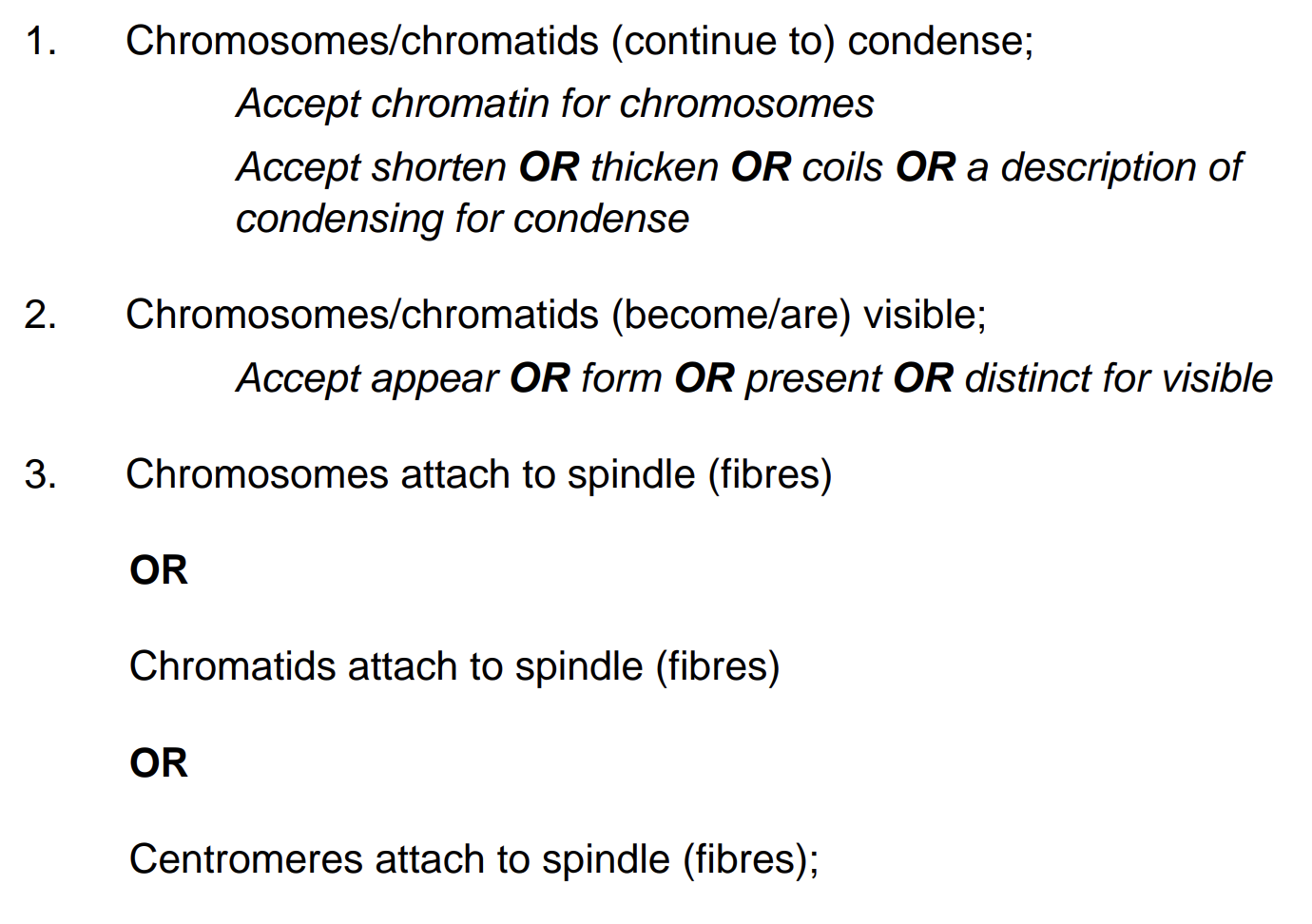<ul><li><p>chromosomes condense so they become visible</p></li><li><p>chromosomes attach to spindle fibres (/metaphase)</p></li><li><p>nucleolus disappears and nuclear envelope breaks down</p></li></ul><p></p>