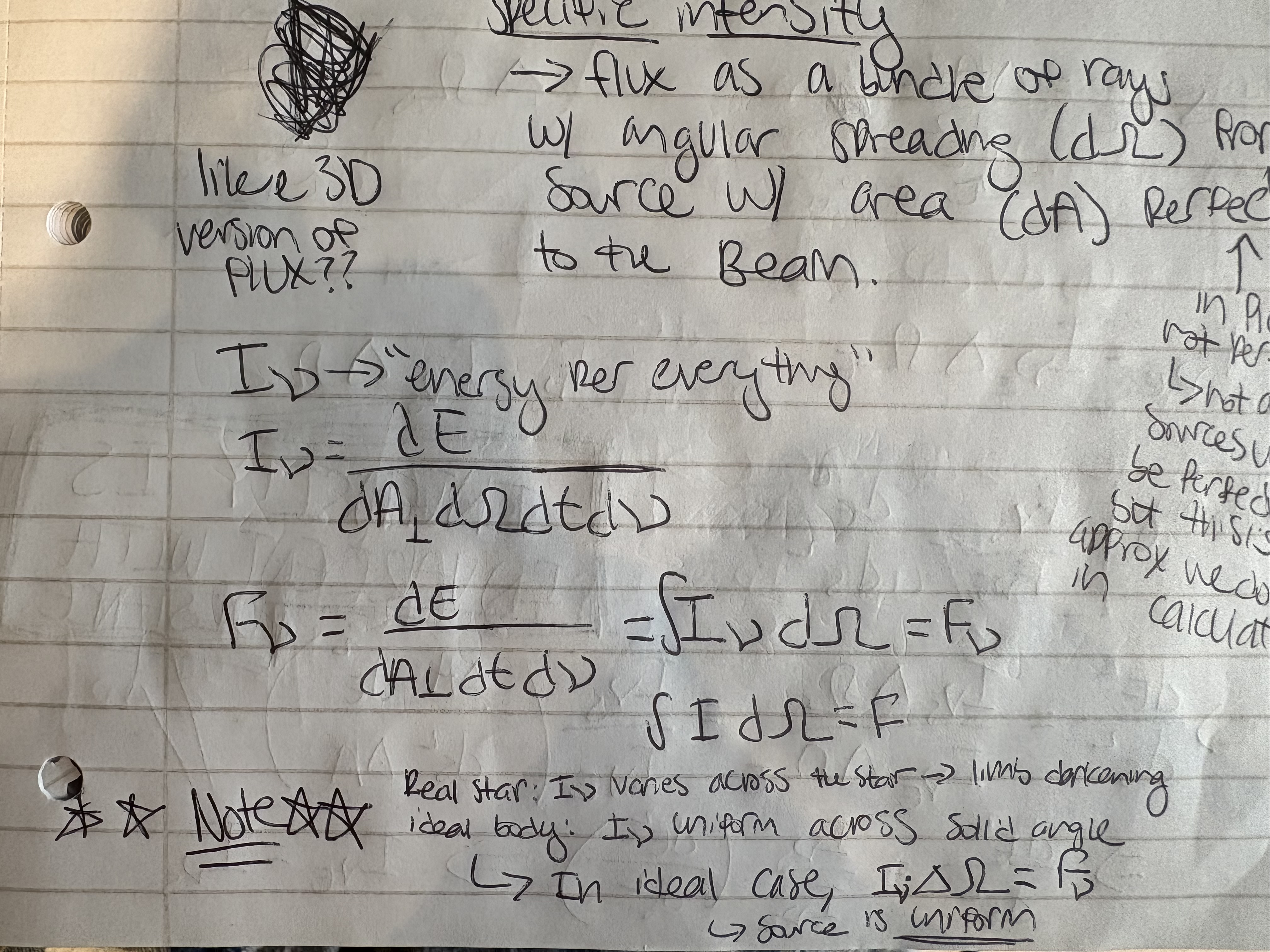 <p>For a uniform source, F<sub>v</sub>=I<sub>v</sub>*Omega=I<sub>v</sub>*dA/r<sup>2</sup></p>