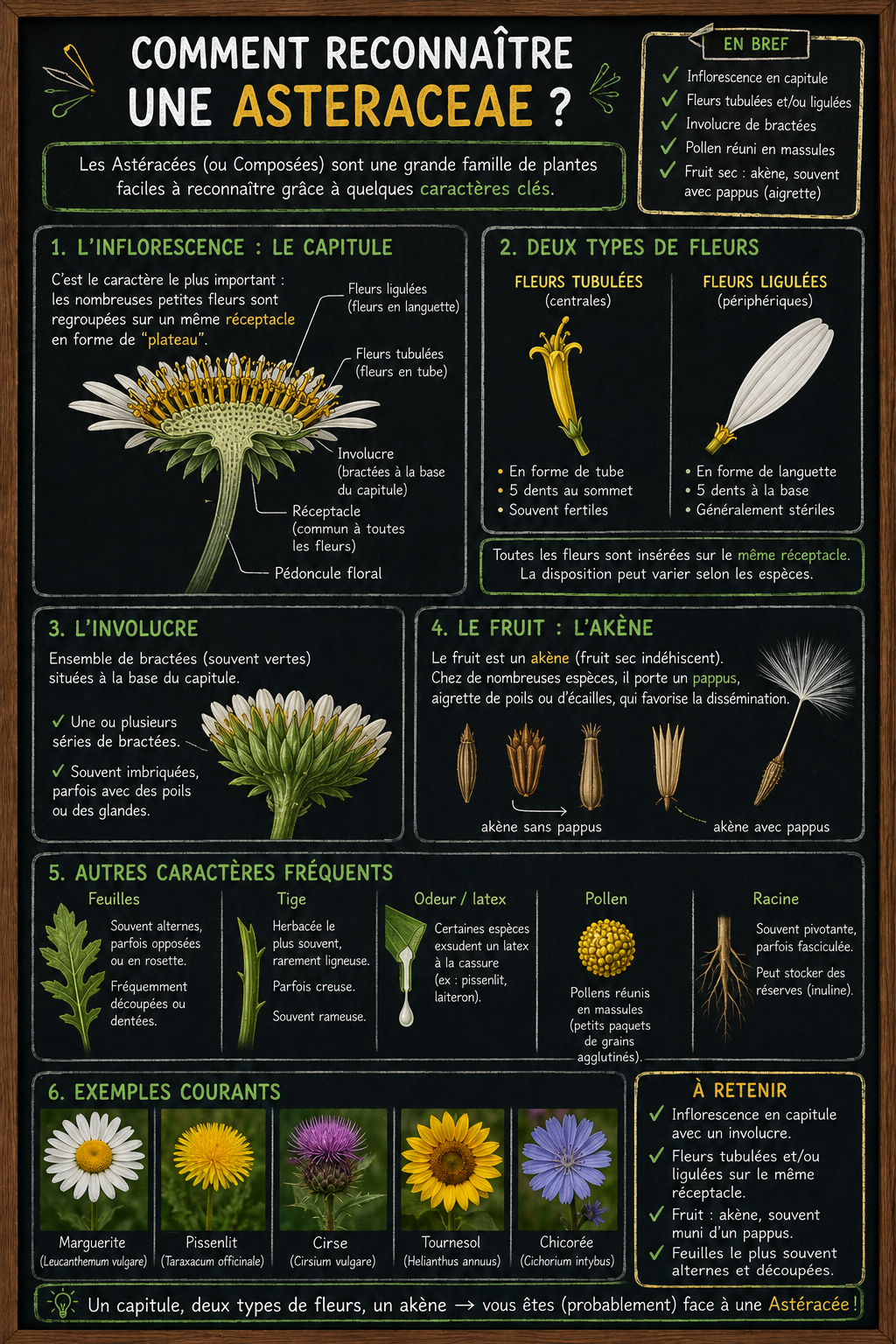 <p>Les Asteraceae sont parmi les familles les plus faciles à reconnaître si on comprend leur organisation. Ce que l’on prend pour une “fleur” est en réalité un capitule, c’est-à-dire une inflorescence composée de nombreuses petites fleurs serrées sur un réceptacle, entourées d’un involucre de bractées.</p><p>Il faut regarder attentivement :</p><ul><li><p>soit toutes les fleurs sont semblables (ex : pissenlit → fleurs ligulées)</p></li><li><p>soit il y a deux types : fleurs centrales tubulées + fleurs périphériques ligulées (ex : marguerite)</p></li></ul><p>Les fleurs sont pentamères, mais les pétales sont souvent soudés en tube. Le calice est généralement transformé en pappus (poils, soies, aigrettes), très visible sur les fruits (ex : pissenlit).</p><p>Les feuilles sont souvent alternes, sans stipules, très variables de forme. La tige est généralement herbacée.</p><p>Le fruit est une cypsèle (akène) souvent munie d’un pappus facilitant la dispersion.</p><p>En résumé : “fausse fleur” = capitule + involucre + pappus → Asteraceae.</p>