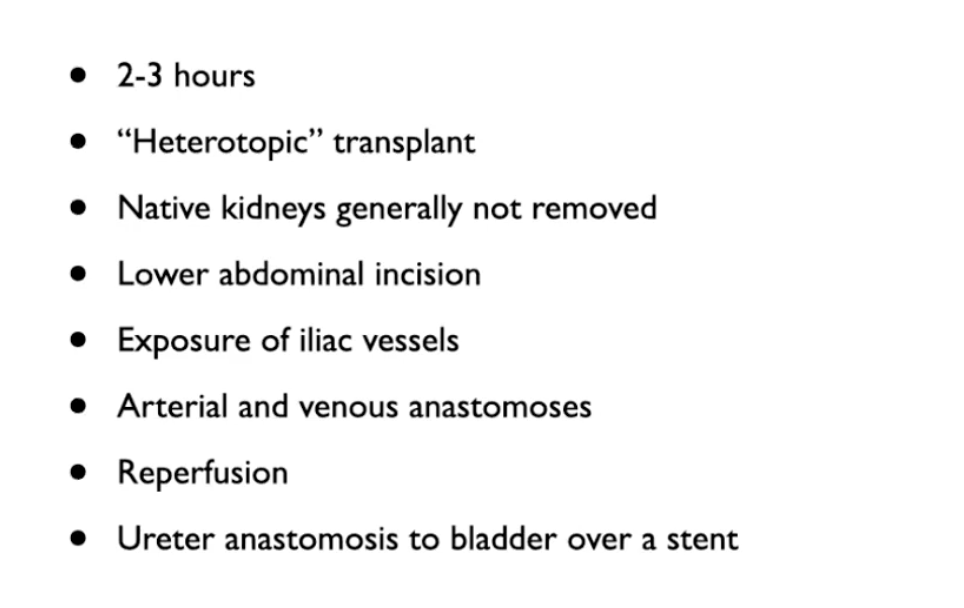 <ul><li><p>Heterotopic - transplanted kidney is not placed in the same location as native kidney </p></li><li><p>Transplanted kidney placed in new space in lower abdomen </p></li><li><p>Right or left illiac fossa is exposed - illiac artery and vein usually externan ones - exposed and skeletonized </p></li><li><p>once vessels ready venous anastomoses is performed- connect venal vein to external illiac vein </p></li><li><p>renal artery connected to external illiac artery </p></li><li><p>repurfuse - release clamps on blood vesssel </p></li><li><p>Use a stent to connect ureter of transplanted kidney to bladder</p></li></ul><p></p>