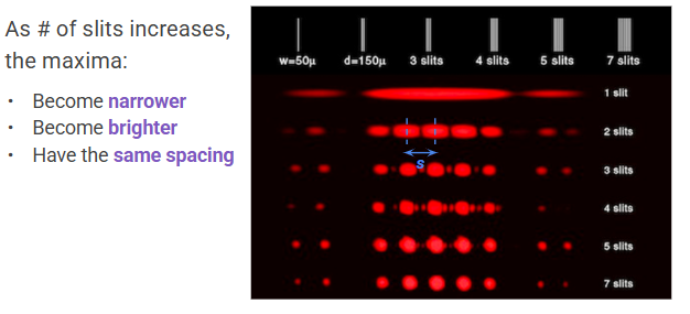 <p>maxima become narrower, brighter, but have the same spacing. </p>