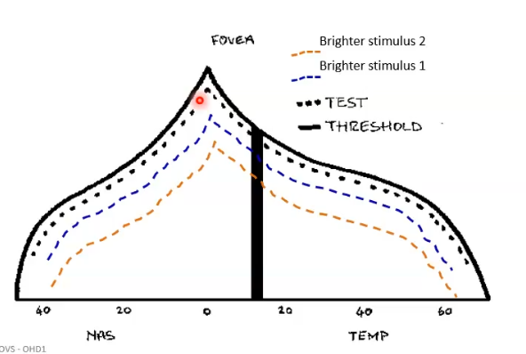 <p>stimuli is slightly brighter than expected threshold </p><p>so px is expected to see all the stimuli presented </p><p>if a px misses a stimulus it may be opresented again in case px blinked or wasnt paying attention</p><p>if px still fails to respond to the stimulus, a brighter stimulus may be presented at the same location</p>