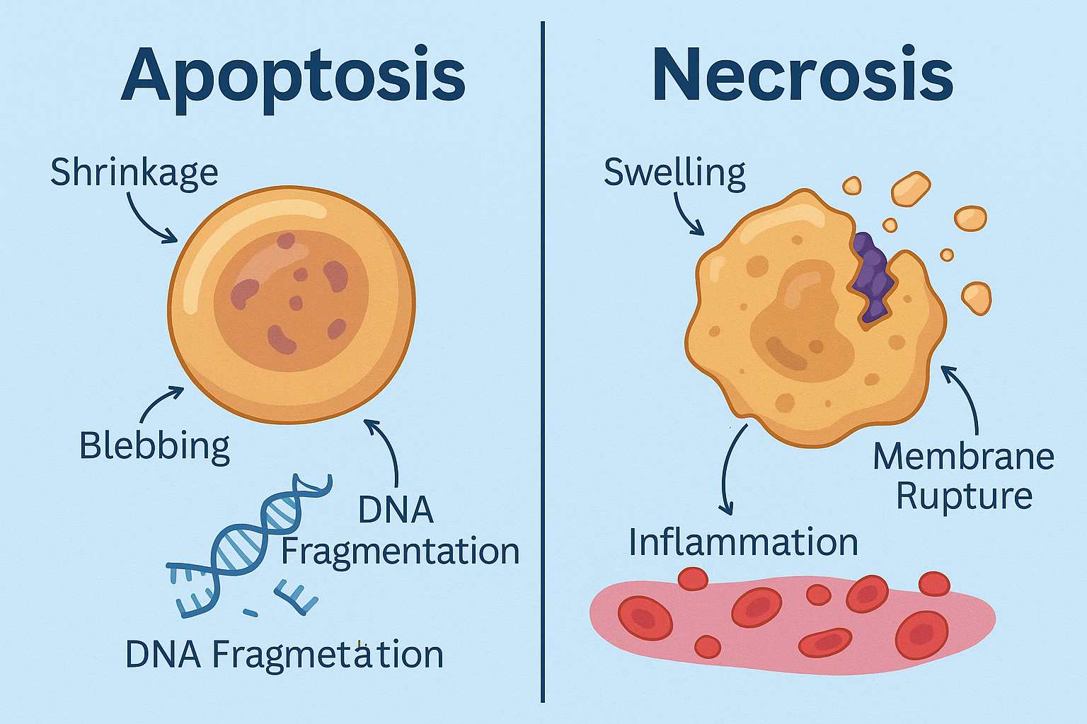 <ul><li><p><strong>Apoptozė</strong> = „tvarkingas, kontroliuojamas ląstelės savižudybės procesas“, funkcija – pašalinti nereikalingas ar pažeistas ląsteles, <strong>uždegimo nėra</strong>.</p></li><li><p><strong>Nekrozė</strong> = „nevaldomas ląstelės žūtis dėl pažeidimo“, funkcija – organizmas bando pašalinti mirusią medžiagą, <strong>atsiranda uždegimas</strong>.</p></li></ul><p></p>