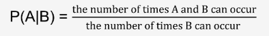 <p>denoted mathematically as P(A|B) in which the vertical bar represents GIVEN and the complete probability expression is interpreted as ‘Conditional probability of event A occurring given that event B has occurred.’</p>