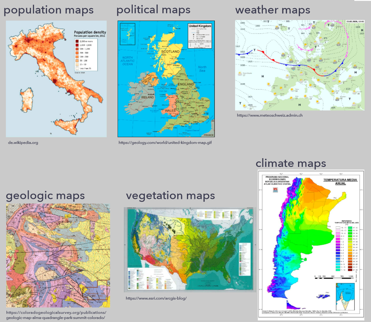 <p><strong>Thematic:</strong></p><p>Maps used to emphasize the spatial pattern of one or more geographic attributes (variables)</p><p>Map type: choropleth</p><ul><li><p>population density</p></li><li><p>family income</p></li><li><p>daily temperature maxima</p></li></ul><p><strong>General-reference:</strong></p><p>Maps used to emphasize the location of spatial phenomena</p><p>Map type: topographic</p><ul><li><p>location of streams</p></li><li><p>roads</p></li><li><p>houses</p></li><li><p>oher natural and cultural features</p></li></ul><p></p>