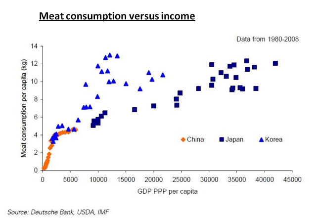 <p><strong>Relationship</strong></p><ul><li><p><strong>Income increases</strong> → <strong>meat consumption increases</strong></p></li><li><p>Higher <strong>economic status</strong> → greater <strong>consumption of animal products</strong></p></li></ul><p></p>
