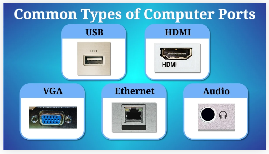 <p>For laptops/ flashdrives: USB, HDMI, VGA.</p><p>Carts also are hardwired to ethernet already, and have an audio port as in the image.</p>