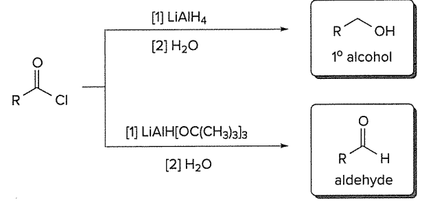 <p>[1] LiAlH4 </p><p>[2] H2O for 1° alcohol</p><p>OR</p><p>[1]LiAlH[OC(CH3)3]3</p><p>[2] H2O for aldehyde</p>