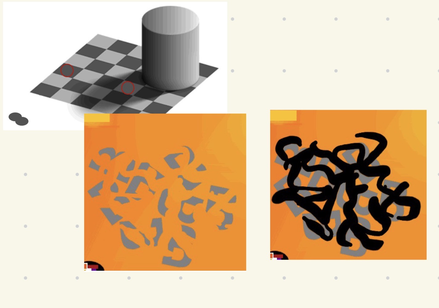 <p><strong>Wahrnehmungstäuschungen</strong></p><p>Da Wahrnehmung aktiv und konstruiert ein Abbild der Umwelt kommt es zu Sinnestäuschungen</p><p>Bsp: Buchstaben innerhalb eines Wortes tauschen oder durch Zahlen ersetzen</p><p>Überdeckte Objekte dennoch als Ganze angesehen Annahmen über Lichtverhältnisse etc. </p>