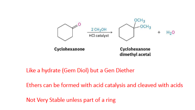 <p>Carbonyl + Alcohol —> Acetal (two OR groups on the same Carbon, OR + OR)</p><p>Acetals are protecting groups. Used when you want to protect a carbonyl from reactions like an LiAlH4 reduction</p>