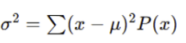 <ul><li><p>measure of spread of values around the mean</p></li><li><p>Step 1, x - mean/expect value for every row</p></li><li><p>Step 2, square each of the rows after doing x - mean/expected value to <strong>remove any negatives</strong></p></li><li><p>Step 3, multiply whatever you get after square by the P" (on each of its found rows)</p></li><li><p>Step 4, add em all up together (Sum)</p></li></ul><p></p>