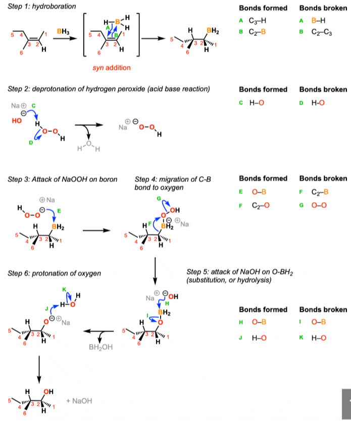 <p>Hydroboration of alkenes, adds alcohol on least substituted carbon</p>
