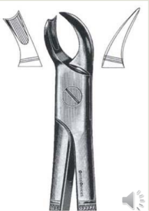 <ul><li><p>Grip around <strong>palatal root</strong> and <strong><em>engage buccal furcation - horn </em></strong></p></li><li><p>Useful for heavily broken down/ fractured upper molars. </p></li><li><p>Used in similar manner to upper molar forceps</p></li></ul><p></p>