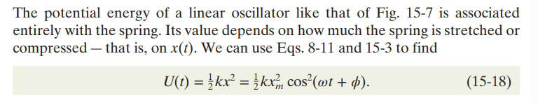 <p>Recall that the energy for a spring-mass system is given by: </p><p></p><p>U(t) = (1/2)k(x(t))²</p><p></p><p>But because we know that x(t) = x<sub>m</sub>cos(wt + phi), we know that the potential energy of the spring-mass system is given by the following: </p><p></p><p>U(t) = (1/2)k(x<sub>m</sub>)²cos²(wt + phi) </p><p></p><p></p>