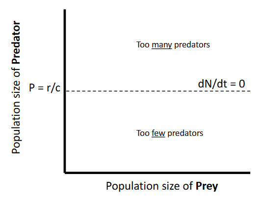 <p><u>Prey</u></p><p>Step 1: Solve Lotka-Volterra equations - one species at a time for solutions at equilibrium (when population size isn’t changing)</p><p>dN/dt = rN - cNP = 0</p><p>r = cP</p><p>P = r/c</p><p><strong>*For Prey, dN/dt = 0 when P = r/c</strong></p><p></p>
