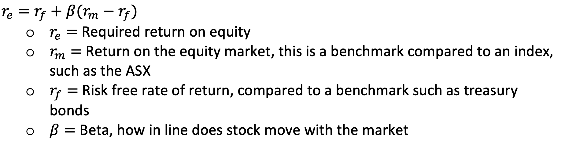 <p><span>-</span><span style="font-family: "Times New Roman"; line-height: normal; font-size: 7pt;">&nbsp;&nbsp;&nbsp;&nbsp;&nbsp;&nbsp; </span><span>Estimates expected return on investment based on its riskiness, in comparison with rest of market</span></p>