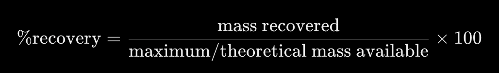 <p>(mass recovered / theoretical mass available) * 100</p>