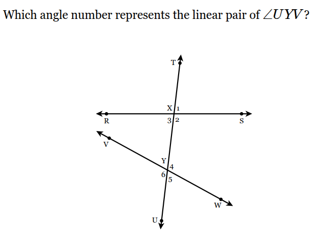 <p>Which angle number represents the linear pair of <span style="font-family: KaTeX_Main, "Times New Roman", serif; line-height: 1.2; font-size: 1.21em;">∠<em>UYV</em></span>?</p>