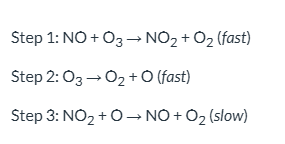 <p>For the reaction mechanism below, NO is a(n) _____. | A) intermediate B) rate constant C) catalyst D) first-order reactant</p>