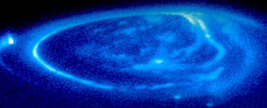 <ul><li><p>more energetic than Earth</p></li><li><p>strongest</p></li><li><p>occur near poles</p></li><li><p>UV, X ray, Infrared (glow)</p></li><li><p>magnetic field grabs surrounding particles</p></li></ul><p></p>