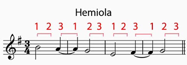 <p><span>Hemiola in succession, refers to a change in note values, where for example, three half notes follow a mature of two dotted half note in a 6/4 meter.</span></p>