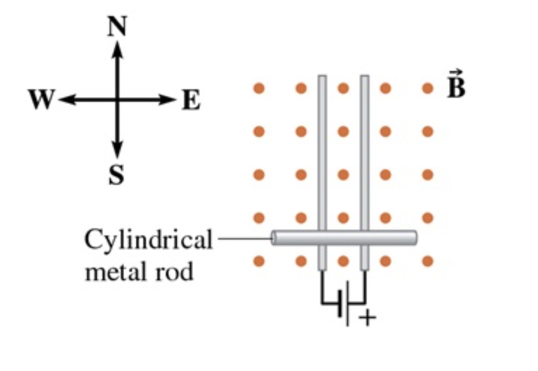 <p>An electromagnetic rail gun can fire a projectile using a magnetic field and an electric current. Consider two conducting rails that are 0.640 m apart with a 67.1-g conducting rod connecting the two rails as in the given figure. A magnetic field of magnitude 0.860 T is directed perpendicular to the plane of the rails and rod. A current of 2.00 A passes through the rod.</p><p>&nbsp;<span>What direction is the force on the rod?</span></p>