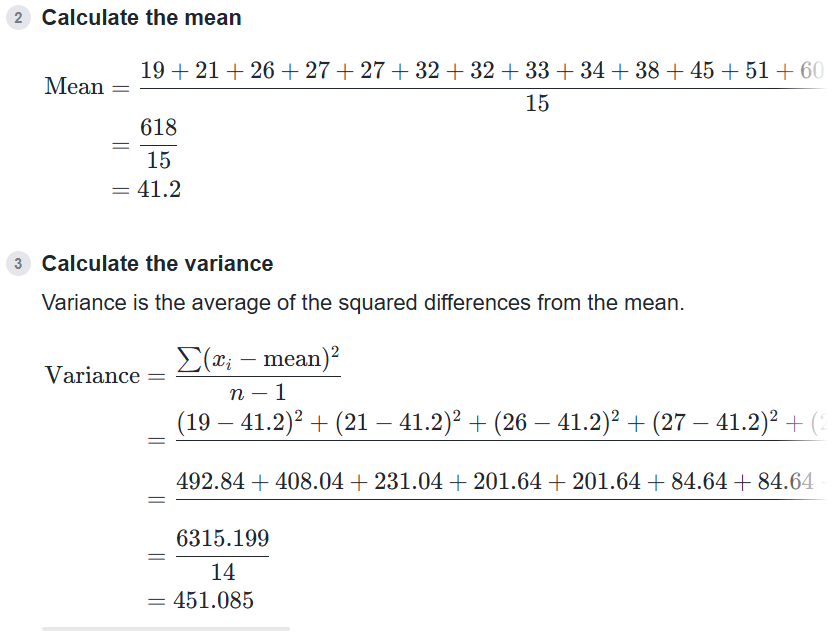 <p>for stem and leaf, use that formula of S.D.<br><br>s.d = <span>√451 = 21.2 </span></p><p></p>