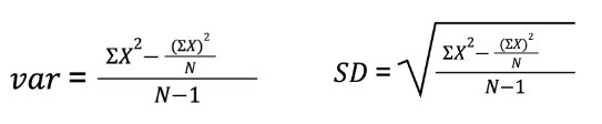 <p>The variation or spread of the different scores of measurements within a dataset. Variability can quantify how different the scores are. </p><p></p><p>Range =</p><p>Variance = average distance (difference) of scores from their mean in squared units</p><p></p><p>Standard Deviation = average distance (difference) of scores from their mean in original (raw score) units</p><p></p>