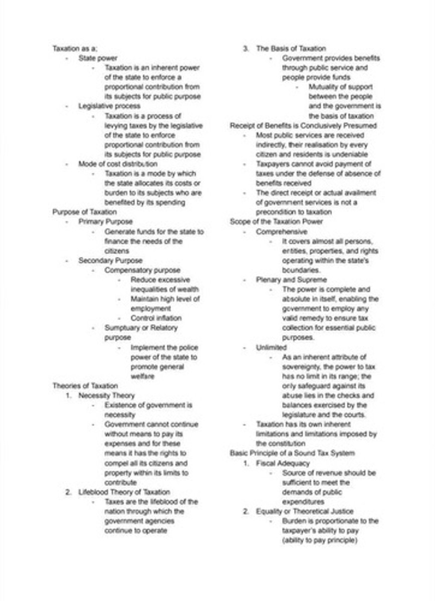 <p>An inherent power of the state to enforce a proportional contribution from its subjects for public purpose.</p>