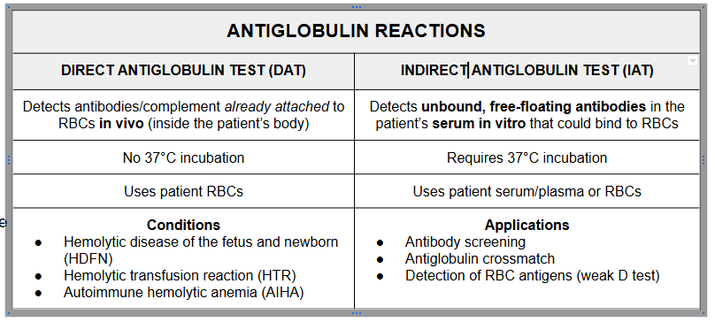 <p>The antiglobulin reaction (Coombs test) detects non-agglutinating antibodies or complement proteins bound to red blood cells (RBCs).</p>