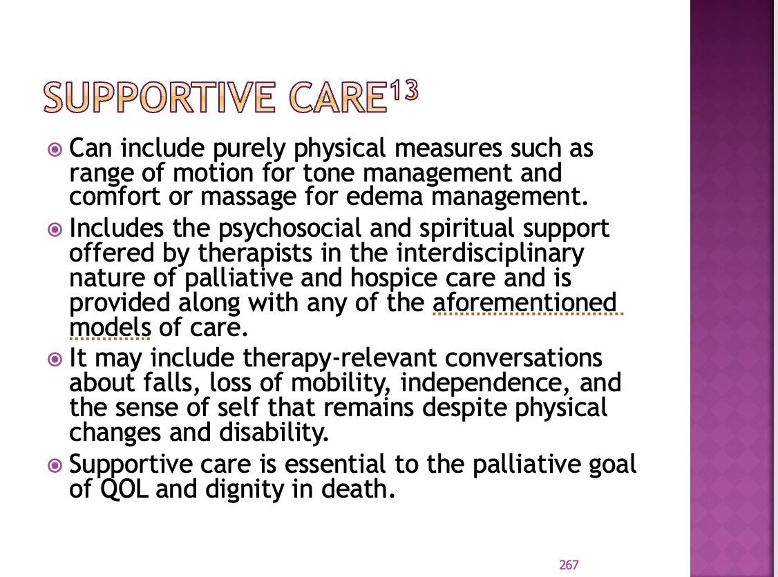 <p><span>Tone management, massage, spiritual or psychosocial support</span></p><p style="text-align: left;"></p><p style="text-align: left;"><span>May have conversations about falls, abou tnot being able to use the steps, about getting care for at night if the wife is not sleeping, making them sleep on the first floor so they don’t have the risk of stairs</span></p>