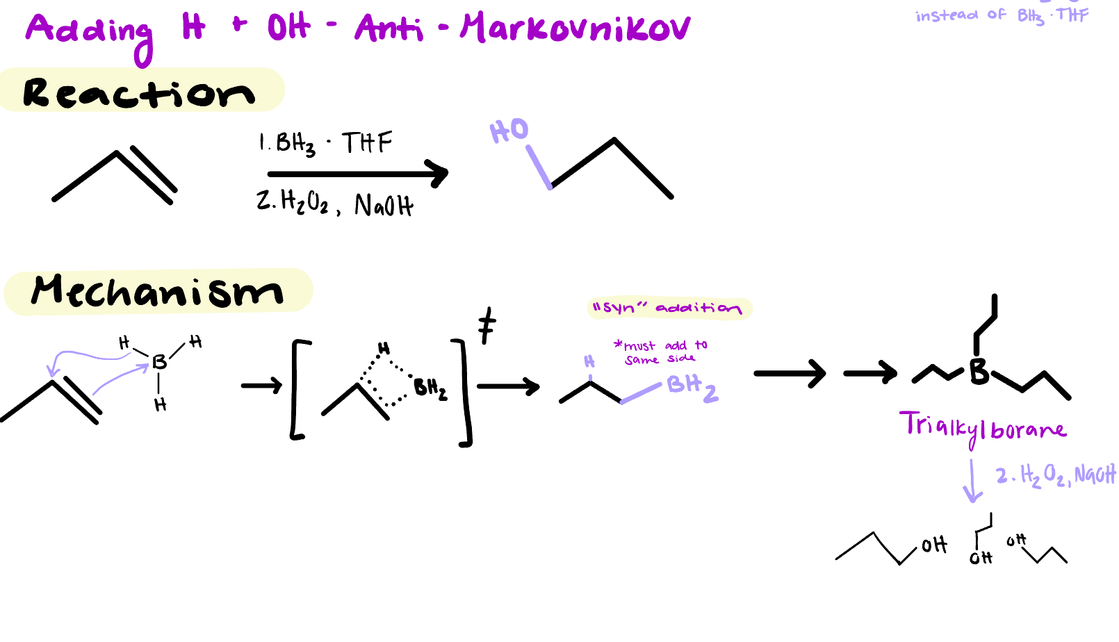 <ul><li><p>H + OH</p></li><li><p>antimarkovnikov</p></li><li><p>syn</p></li></ul><p></p>