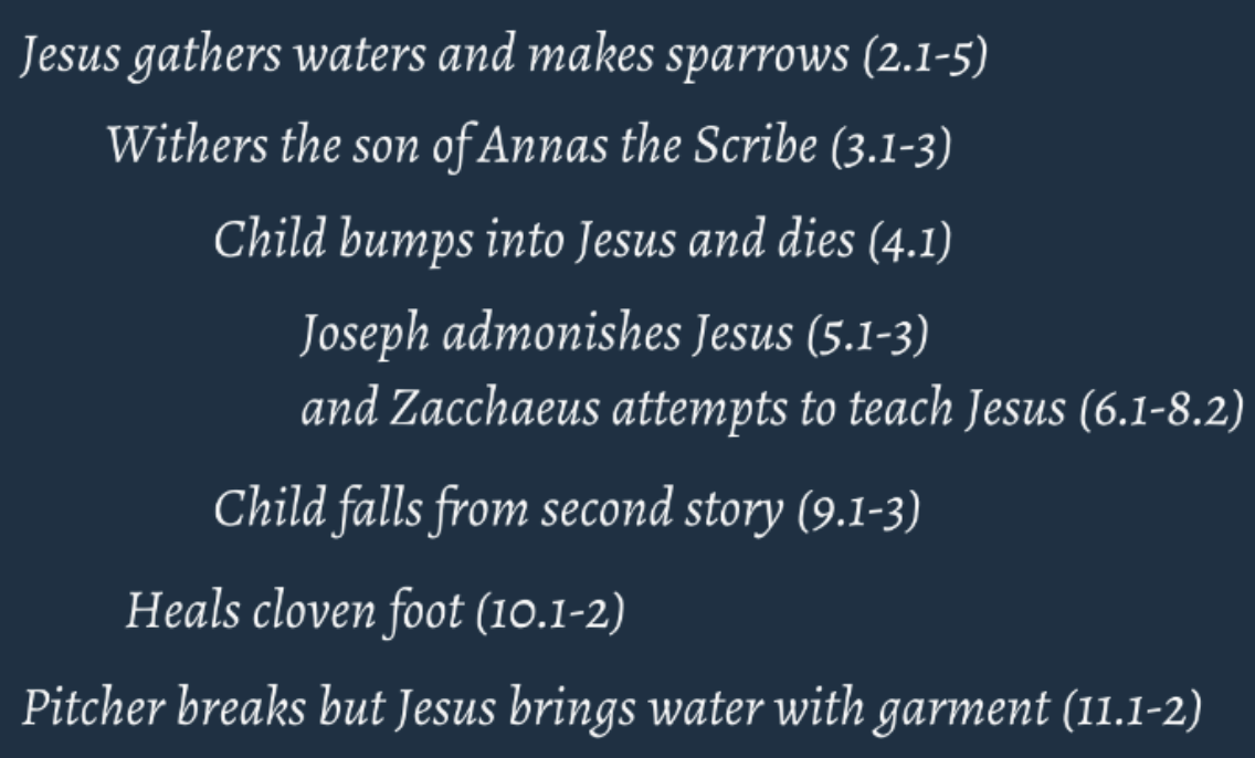 <ul><li><p>series of stories about child Jesus</p></li><li><p>Chiastic Structure</p></li></ul><p></p>