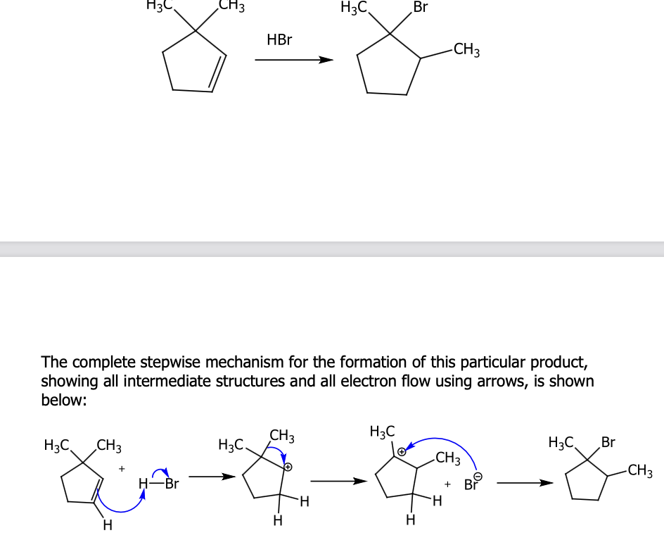 <p>Example: The reaction for the hydrobromination of 3,3 dimethylcyclopentane is shown below. While there are two possible products, only the major product — which is the result of a carbocation rearrangement (1,2 methyl shift)</p>