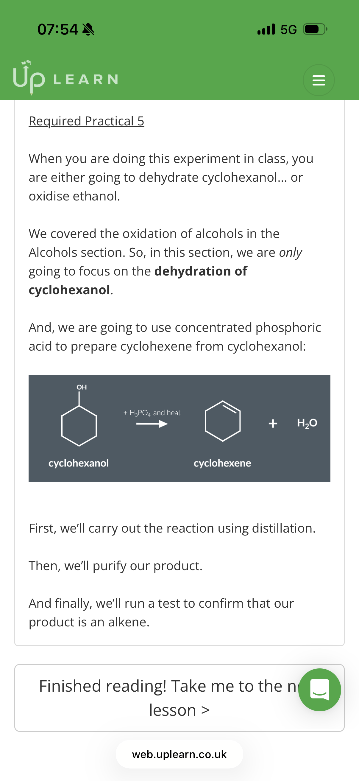 <ol><li><p><strong>Alcohol </strong><span>→ </span><strong>Alkene </strong><span>+ </span><strong>Water</strong></p></li><li><p><strong>2. Dehydration reactions</strong></p></li><li><p><span>because we want to </span><em>separate </em><span>our newly gained product - the alkene - from everything else in the reaction mixture.</span></p></li><li><p><span>This increases the rate of the reaction and it produces a vapour containing our desired alkene.</span></p></li><li><p><span>Condenser. 6. Liquid 7.alkene</span></p></li><li><p><span>Acidified potassium manganate(Cant use acidified potassium dichromate (VI) solution for dehydration)</span></p><p>9.purple. 10. Colourless</p></li></ol><ol start="11"><li><p>1)Concentrated phosphoric acid(H3PO4) or</p></li></ol><p>2) Sulfuric acid(H2SO4) under reflux</p>