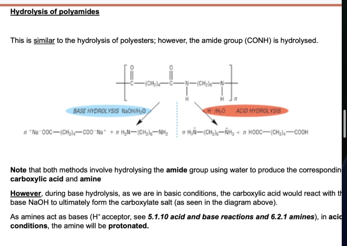 <p>Similar to the hydrolysis of polyesters except the CONH group is hydrolysed </p>