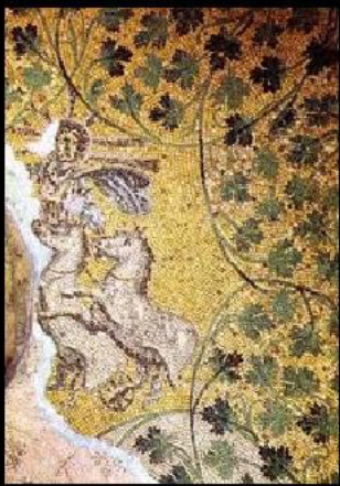 <p>Christ as the Sun god (Helios), mosaic, Tomb of the Julii, Vatican grottoes, Rome, 3rd c.</p>