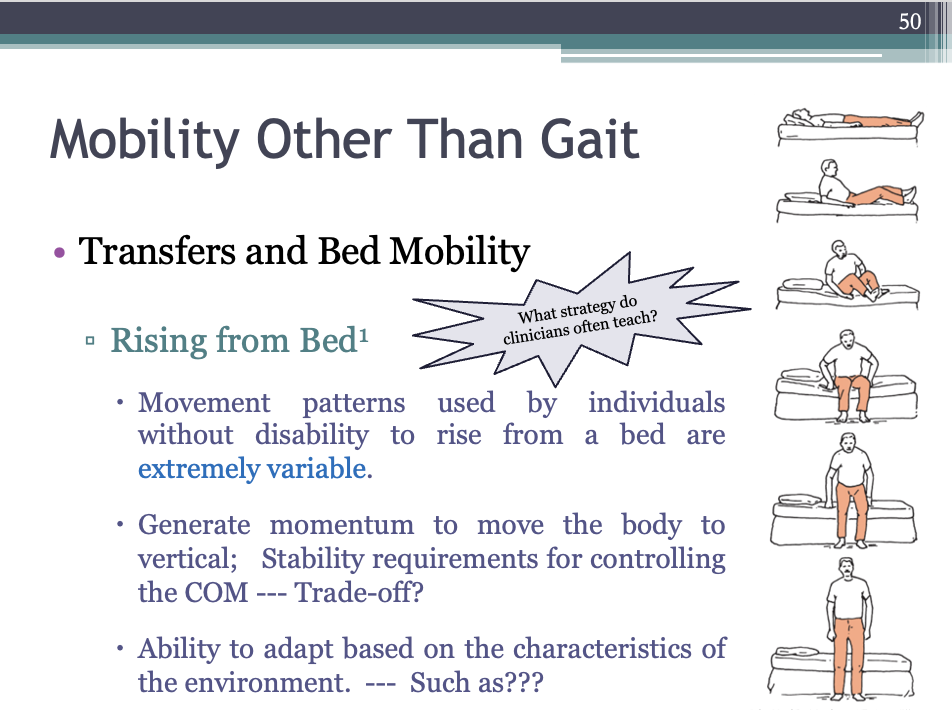 <div data-type="horizontalRule"><hr></div><p><span>Clinicians are often called on to help patients relearn the task of getting out of bed. In therapeutic textbooks on retraining motor control in patients with neurologic impairments, therapists are often instructed to teach patients to move from supine to side-lying, then to push up to a sitting position and from there, to stand up. These instructions are based on the assumption that this pattern represents that typically used to rise from a bed (Bobath<sup>1</sup>; Carr &amp; Shepherd).</span></p>