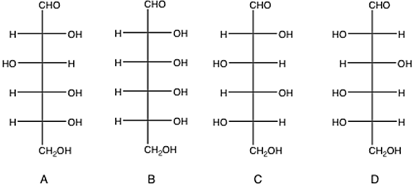 <p><span>Which monosaccharide(s) seen below is(are) the enantiomer(s) of A?</span></p>